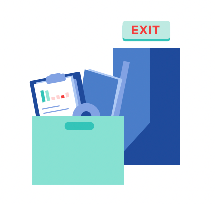 Illustration of exit sign and box with desk belongings