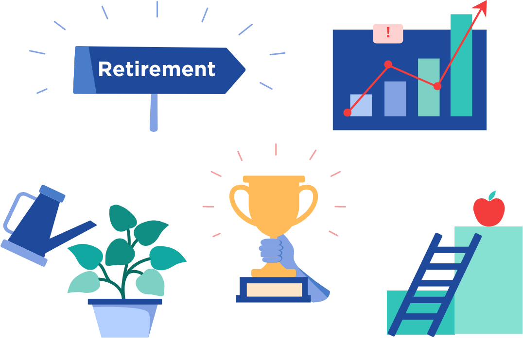 illustration of retirement, business success, trophy, and a ladder
